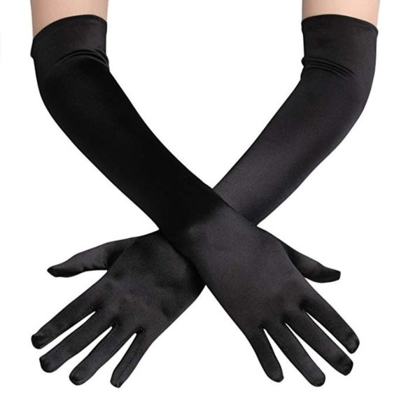 Girl Elbow Black Length Stretch Satin Long Flapper Gloves Evening Opera … - Picture 1 of 1